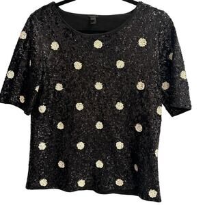 J.Crew Size Small Black Sequins with White Polka Dot Short Sleeve Blouse